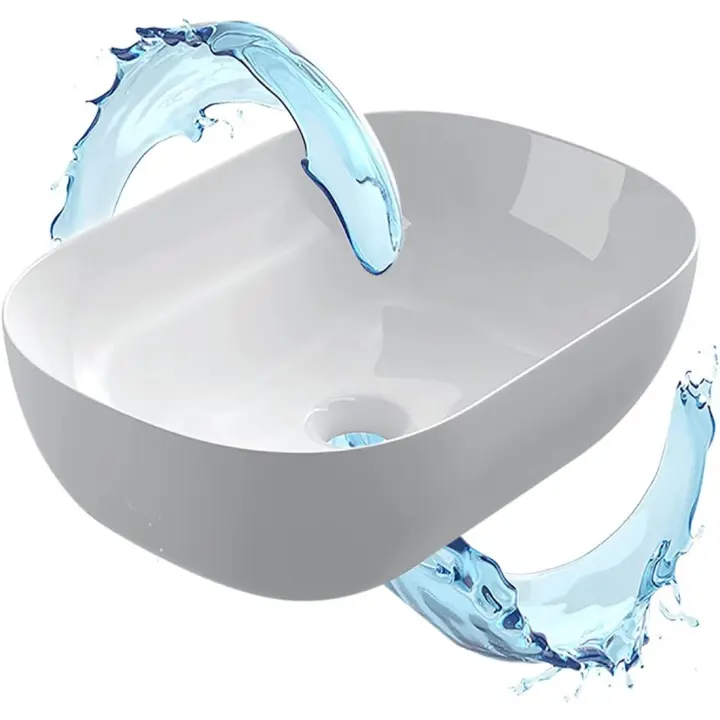 Lavabo Blanco de Cerámica - Con Forma Ovalada - Medidas 45,5 x 32,5 x 14 cm - Ideal para Colocar sobre Encimera de Muebles de Baños y Aseos - 1