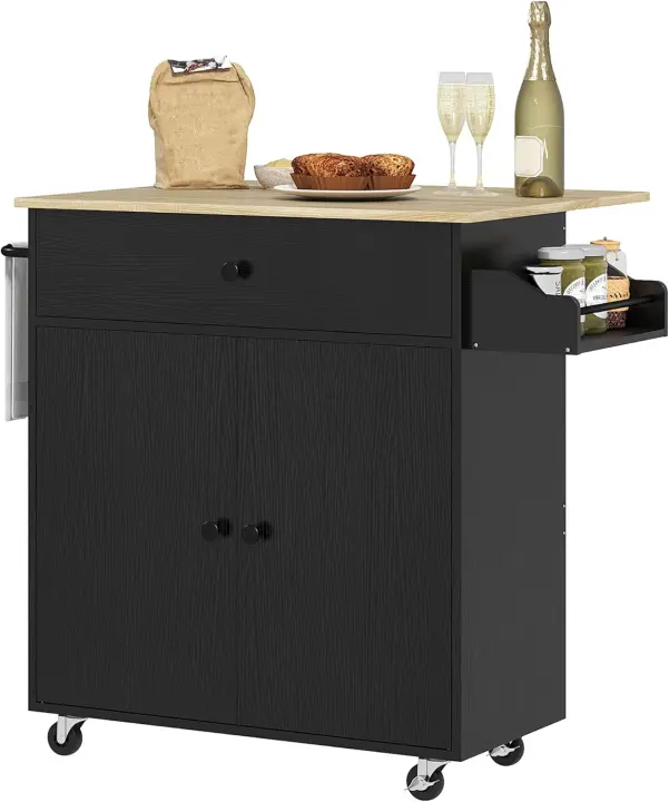 Cocina con ala abatible Carrito de cocina Mueble auxiliar de cocina con ruedas 2 puertas Cajón Especiero Toallero y estante ajustable 106x42x87 cm Blanco y Roble - 1