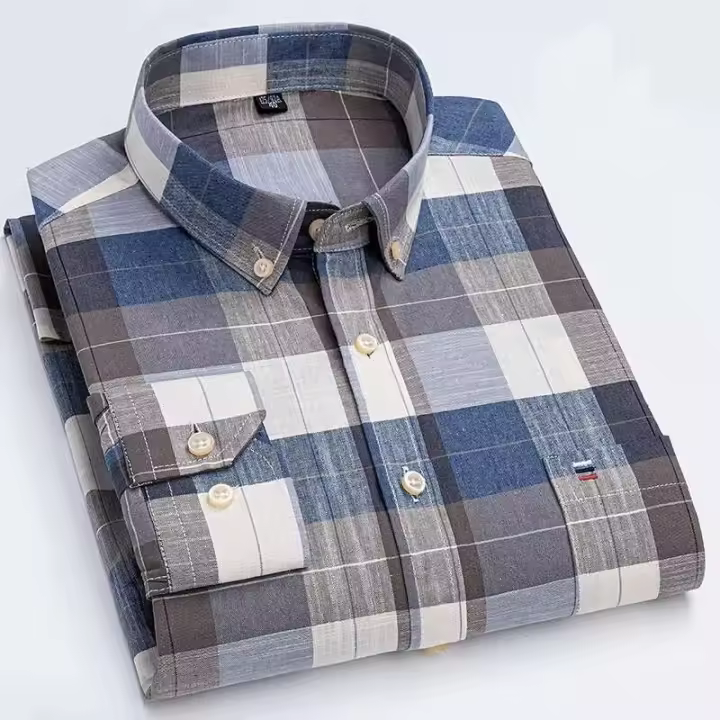 Camisa Casual de Algodón Puro para Hombres Manga Larga, Cuadros, Estilo Oxford, Talla Grande - 1