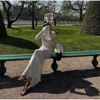 Vestido largo elegante con volantes y borde de encaje para mujer, vestido largo a la moda con cuello redondo y manga acampanada, vestidos largos ajustados para fiesta de verano 2025 - details 17