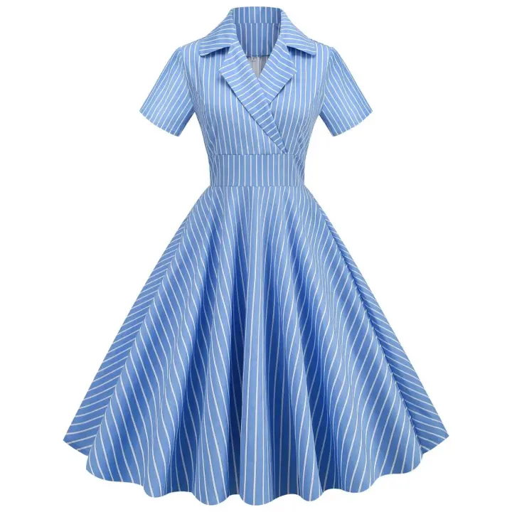 Elegante Vestido de Cintura Alta con Cuello en Rayas de Moda Vintage Hepburn 2025 - 1