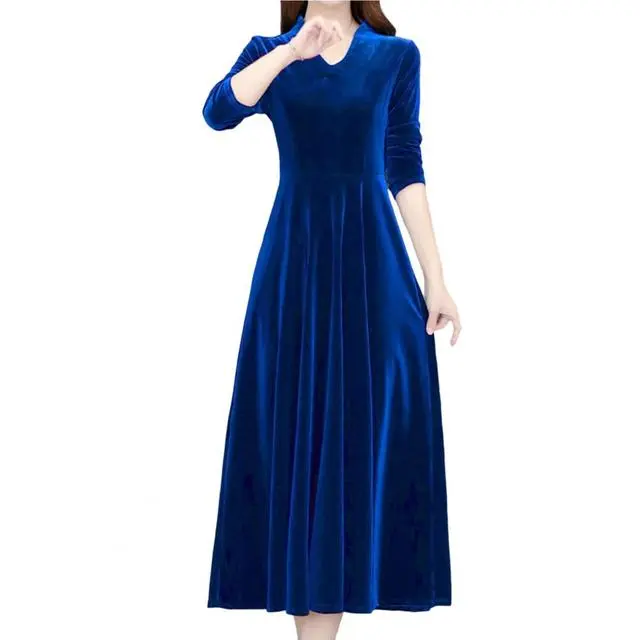 Vestido de terciopelo de manga larga con cuello redondo estilo elegante - 1