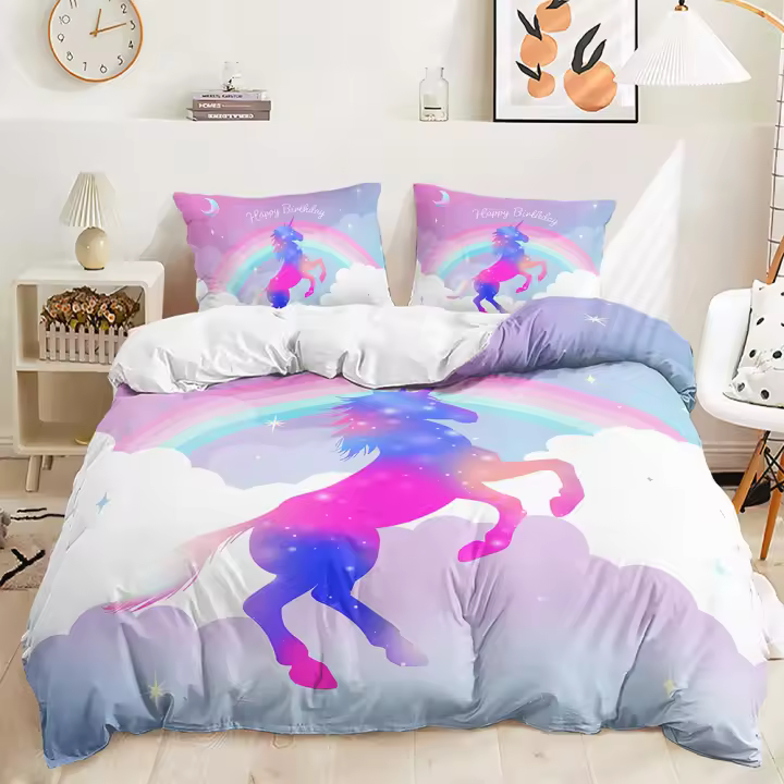 Juego de Ropa de Cama de Unicornio 3D Funda de Edredón de Dibujos Animados Tamaño Cama Sombra - 1