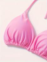Conjunto De Bikini De Dos Piezas De Moda De Color Sólido, Con Cuello Halter, Triángulo Sin Espalda Y Lazos Laterales - details 8