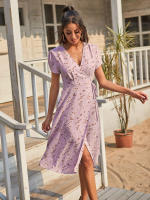 Summer floral print women boho short sleeve v neck split elegant a line party beach dress - details 9