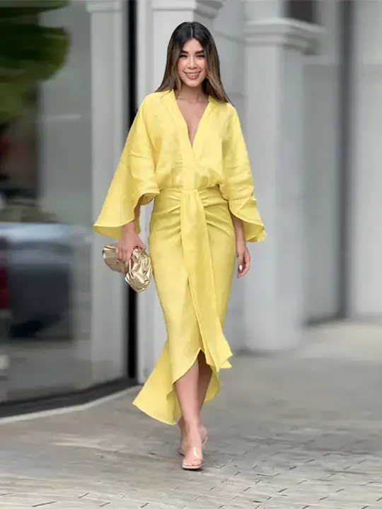 Vestido de flauta plisado para acampar para mujer con puños de moda, elegante, suave, cuello en V, cintura alta, Ustador - 1