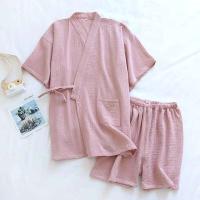 Conjunto de pijama de 2 piezas para pareja japonesa, hilo de algodón fino, pantalones cortos de manga corta, kimono para hombre y mujer, decoración del hogar - details 2