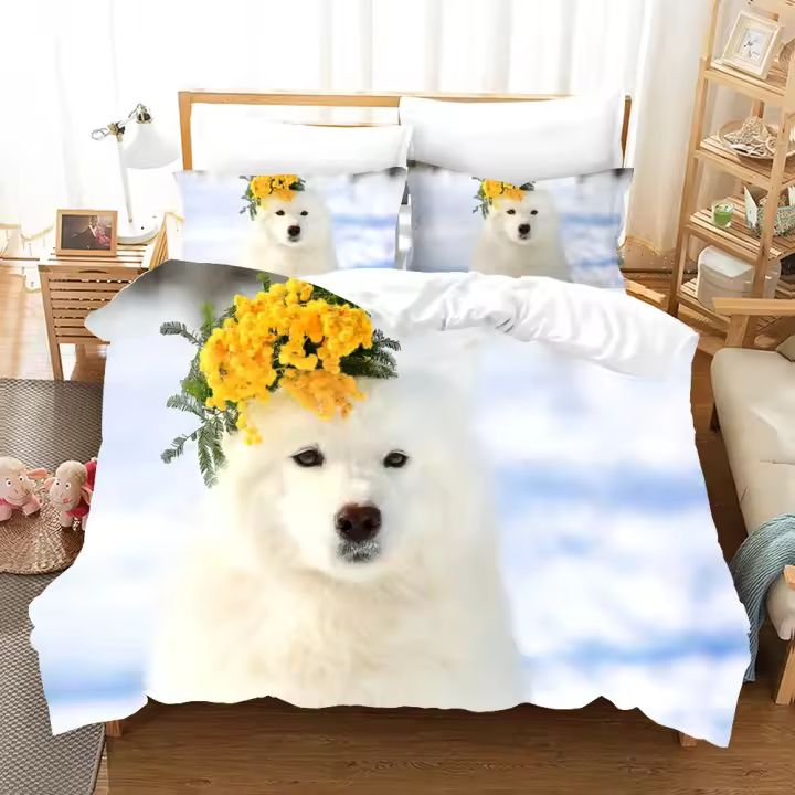 Juego de Ropa de Cama de Samoyed Tamaño Rey y Reina Diseño de Sonrisa Linda Material de Poliéster - 1
