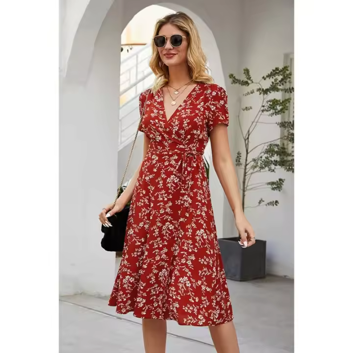Vestido de playa de fiesta elegante con escote en V y manga corta bohemio con estampado floral de verano para mujer - 1