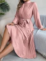 Vestido plisado elegante con cuello levantado y manga larga y cintura cerrada para mujer, vestido largo de Otoño Invierno - details 37