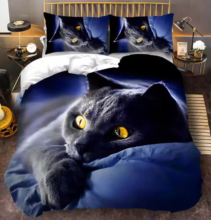 Conjunto de Cama para Gatos 3D Diseño de Gato Colorido Funda de Edredón Negro Material de Poliéster - 1