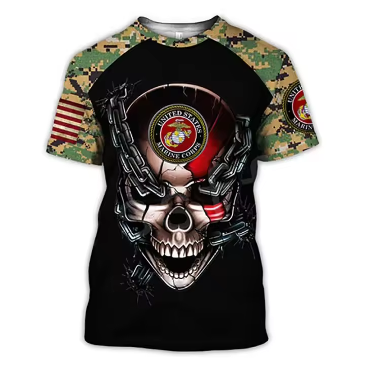 Camiseta de manga corta con cuello redondo informal estilo Hip-Hop con estampado 3D de calavera de camuflaje de soldado de la bandera americana - 1