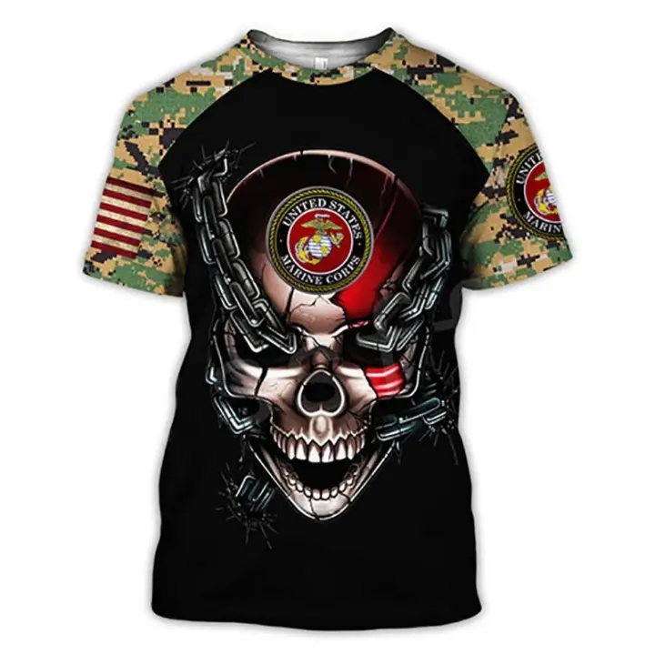 Camiseta de manga corta con cuello redondo informal estilo Hip-Hop con estampado 3D de calavera de camuflaje de soldado de la bandera americana - 1