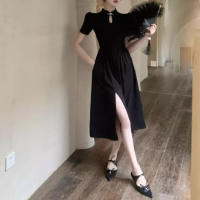 Cheongsam falda larga juvenil de temperamento de alta gama, vestido negro de estilo chino, novedad de verano, ropa de mujer - details 8