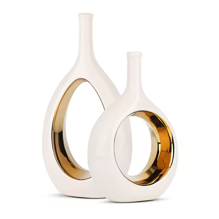 Florero blanco y dorado, jarrones blancos de cerámica para decoración del hogar, círculo minimalista moderno con florero decorativo con agujero - 1