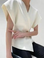 Camisa elegante de manga corta para mujer, Tops ajustados con cuello en V Irregular, botones sólidos, temperamento informal - details 5