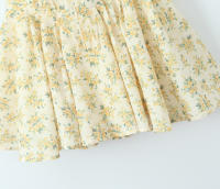 New Women Vintage Puff Short Sleeve V Neck Yellow Floral Print Dress Pleated Hem Female Holiday Summer Mini Robe - details 6