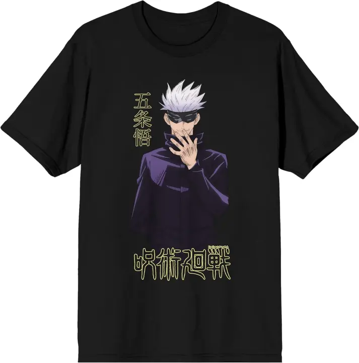 Camiseta negra con estampado de Anime para hombre, camisa de dibujo animado de Jujutsu Kaisen, Saturno Gojo Kanji - 1