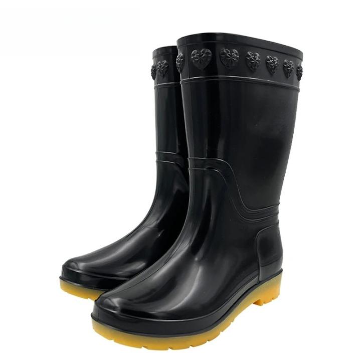 Women's Mid-Calf Fleece-Lined Rain Boots Anti-Slip Wear-Resistant Waterproof PVC Material Labor Protection Shoes Fashionable Wat