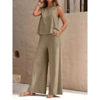 Conjunto de chaleco de cuello redondo y pantalones de pierna ancha para mujer, elegante, de dos piezas, color sólido, 2025 - details 3