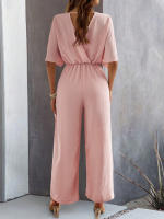 Monos de verano de manga corta para mujer, vestido de cintura alta con cuello en V y pantalones, color rojo burdeos - details 28
