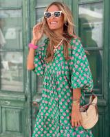Vestido largo con estampado Floral para mujer, traje bohemio de manga abombada con estampado geométrico - details 3
