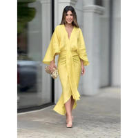 Vestido Midi plisado de manga acampanada para mujer, elegante, liso, con cuello en V, cintura alta, ajustado - details 9