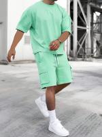 Tela transpirable] Conjunto de ropa deportiva beige para hombre: camiseta de poliéster con cuello redondo y pantalones cortos con cordón, lavable a máquina, comodidad de verano - details 13