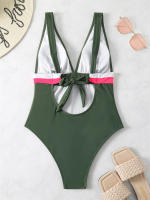 Bañador de una pieza con cuello en V para mujer, Monokini Sexy liso con tirantes, ropa de playa para verano, 2024 - details 4