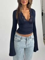Tops de otoño para mujer, camisa corta con escote en V profundo y mangas de campaña, ropa de calle informal - details 9