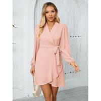 Vestido corto elegante para mujer con cuello en V manga larga de color sólido - details 1