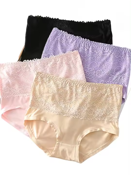 Paquete de 4 Bragas Elegantes de Talle Alto para Tallas Grandes, Tejido de Punto de Nylon 90% Spandex 10% con Detalle de Encaje de Contraste, Color Liso, Ligeramente Elástico, Bragas de Ajuste Cómodo - 1