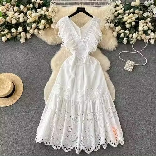Retro ahuecado volante bordado cintura alta sin mangas verano playa vacaciones de mujer - 1