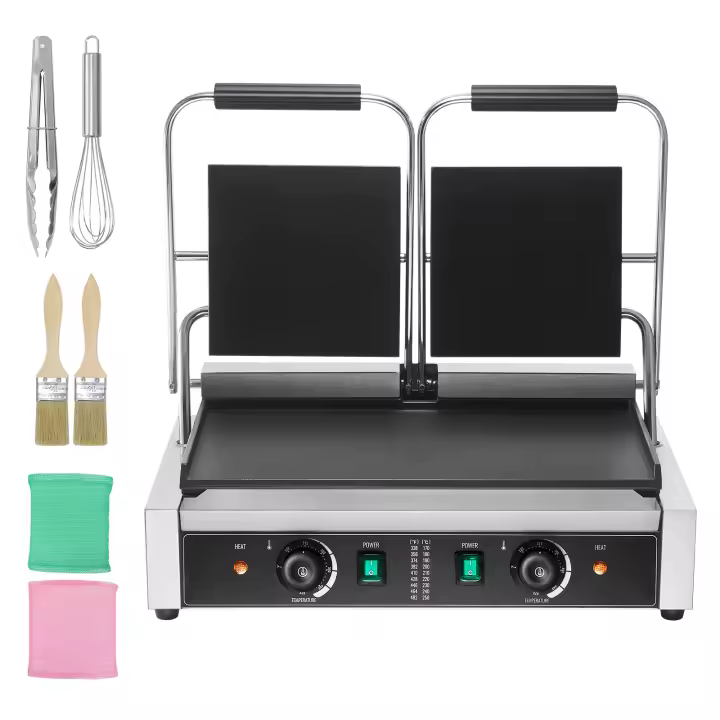 SucceBuy Prensa Panini Comercial, Parrilla Eléctrica de Acero Inoxidable 3600W, Placa Doble, Control de Temperatura, Superficie Emañada, 485x230mm, para Varios Platos - 1