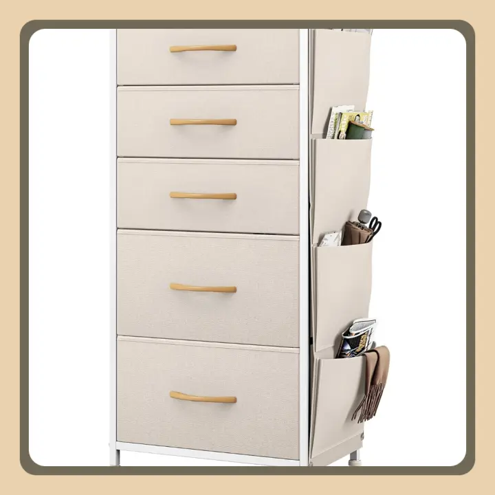 Cajonera de Tela con Bolsillos Laterales, Ganchos,Cómoda de Tela,Unidad de Almacenamiento,con 5 cajones Extraíbles,Cómoda de para Sala de Estar,Dormitorio, habitación Infantil,Beige - 1