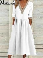 Verano para mujer talla grande cuello en V media manga algodón y lino vestido caftán con bolsillo estilo oficina - details 3