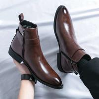 Botas puntiagudas de moda de negocios de cuero suave clásico para hombres, pantalones cortos casuales de estilo británico de caña alta - details 3