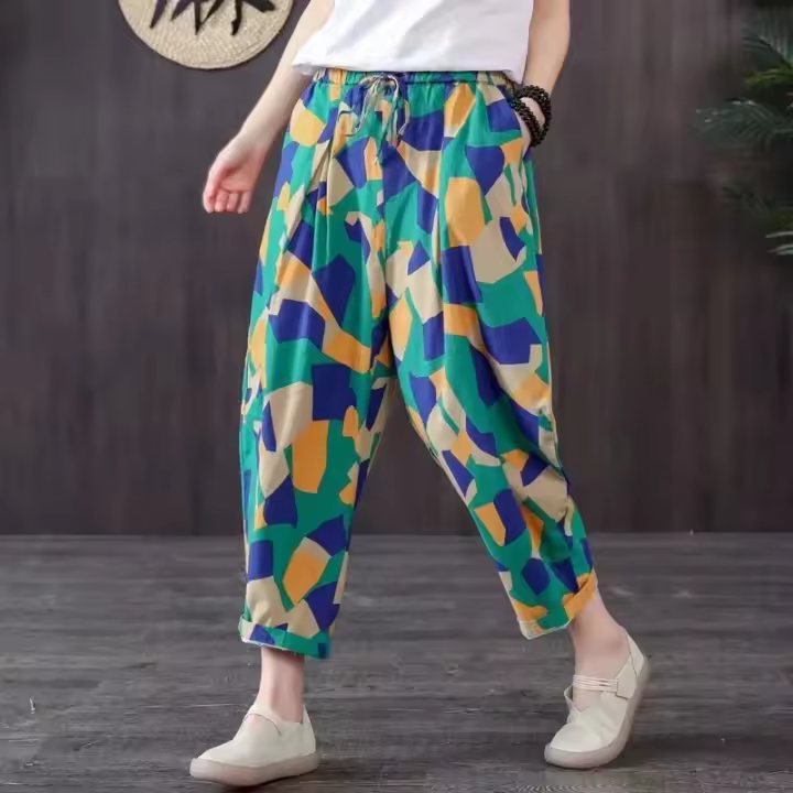 Pantalones de algodón y lino para mujer, pantalones harén con estampado de verano, pantalones holgados Retro a la moda hasta el tobillo para mujer - 1