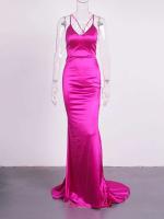 Elegante Vestido de Satén Largo Crujientes de Dos Piernas, Sin Mangas, Cuello en V, Espalda Desubida para Fiestas de Noche y Graduación - details 8