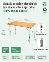 Mesa de Camping Plegable de bambú de 100 x 72 cm para 4 a 6 Personas, Marco Estable de Aluminio, 3 Alturas Ajustables con Bolsa de Transporte para jardín, Picnic, Camping - details 25