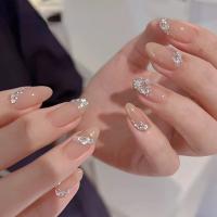 Puro hecho a mano hielo a través de nude con diamantes de alta calidad sentido uñas usables parches de uñas de longitud media - details 6