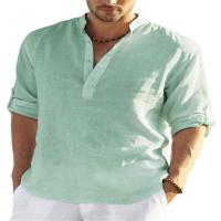 Camiseta Henley de lino y algodón para hombre, camisa de manga larga, Hippie, informal, para playa, color blanco, talla S-5XL - details 9