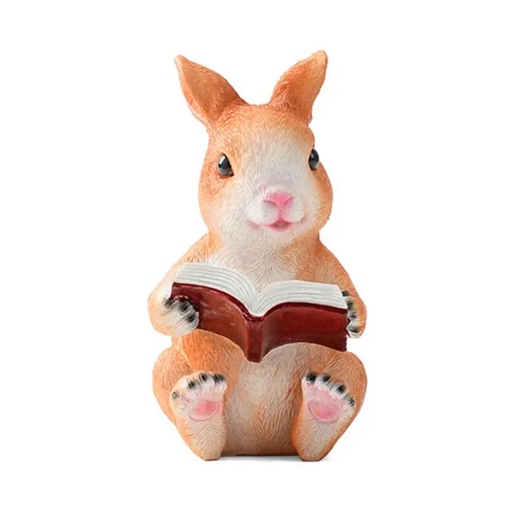 Estatua de libro de lectura de conejo, artesanía de resina, estatuilla de conejito, juguete único, estatua de Animal de jardín, decoración de escritorio para el hogar - 1