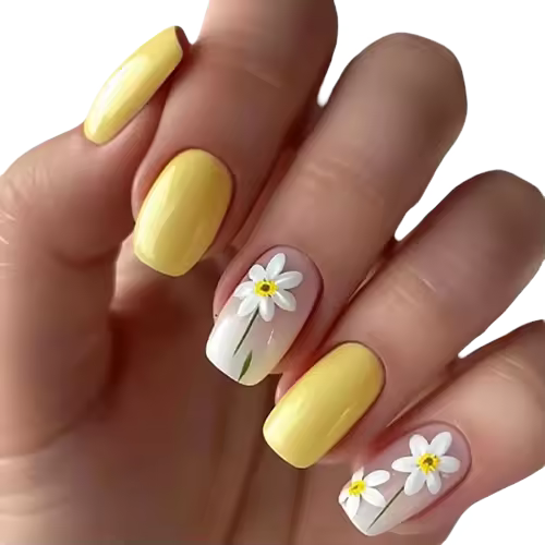 24 Piezas De Arte De Uñas En Forma De Flor Amarilla Y Minimalista De Tamaño Mediano a Largo Estilo Fresco Y Moderno Para Oficina - 1