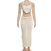 BUNO-Conjunto de 2 piezas fruncido de ganchillo de gato extraño para mujer, Tops irregulares con espalda descubierta y vendaje cruzado + faldas largas lisas, trajes de estilo playero para - details 17