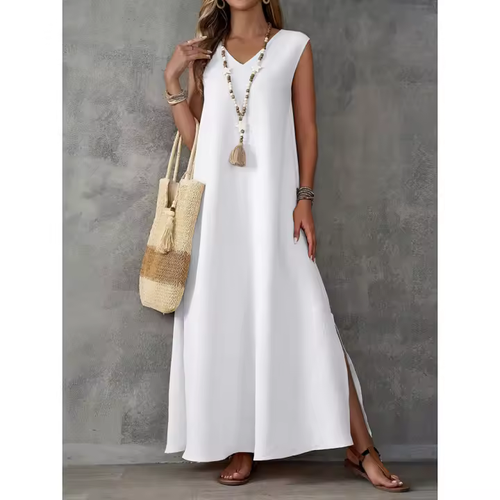 Mono sin mangas con cuello en V y abertura lateral para mujer, vestido largo elegante, verano 2025 - 1