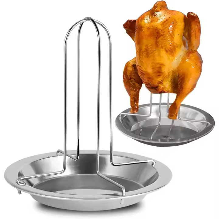 Asador de pollos, soporte para pollos, parrilla de pollo con bandeja de drenaje, soporte para barbacoa, soporte para asar pollos, soporte para pollos asados, rejilla para cocinar al grill en horno y barbacoa - 1