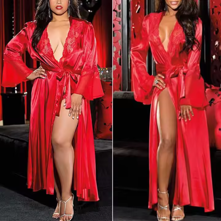 Albornoz Sexy de encaje con cuello en V para mujer, camisón con cinturón, pijamas de manga larga en negro, blanco y rojo, batas, lencería, camisones para dormir - 1