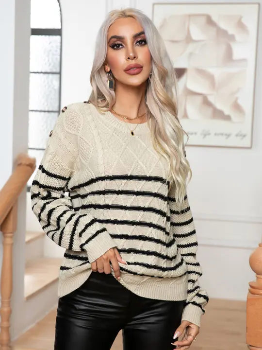 Suéter retro a rayas para mujer, suéter holgado de manga larga con botones, ropa de punto de otoño e invierno, innovador para 2023 - 1