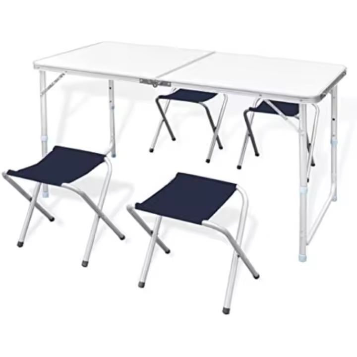Mesa de Camping Portátil 120x60x70cm con 4 Taburetes Plegables Altura Ajustable Diseño Claro Gris - 1